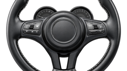 Black and white car steering wheel with modern design high quality vehicle accessory for safe driving isolated on white background