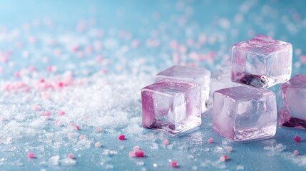 Icy Crystal Cubes Texture on Light Blue Background with Sparkling Details Macro Photography