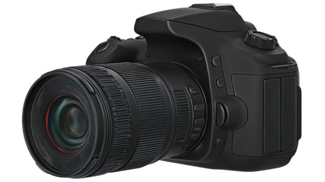 Modern Digital Camera with Lens and Control Buttons Isolated on White Background