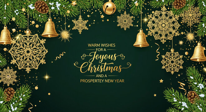"Luxury Christmas and New Year greeting card with golden ornaments, pine branches, sparkling confetti, and elegant calligraphy text. Premium holiday design."