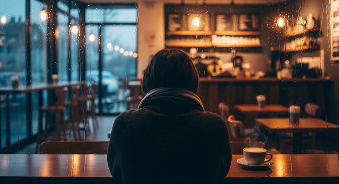 Person in cafe on rainy day - Powered by Adobe