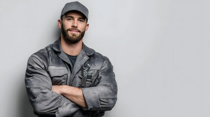A confident male mechanic in a grey uniform and cap stands with arms crossed a wrench visible against a neutral background