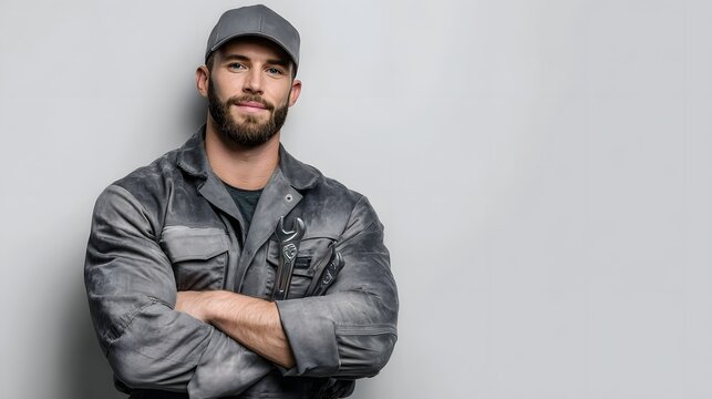 A confident male mechanic in a grey uniform and cap stands with arms crossed a wrench visible against a neutral background