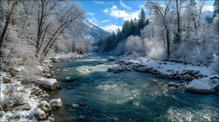Explore winter wonderland river landscape scene with snow covered trees and mountain views for travel
