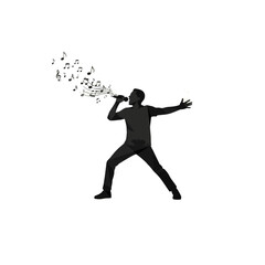 Silhouette of a man singing with musical notes emanating from his mouth.