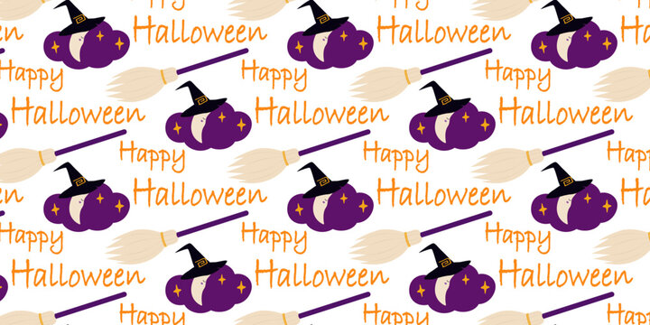 Happy Halloween Lettering and Crescent Moon on Cloud in Witch Hat and Broom Seamless Pattern Banners