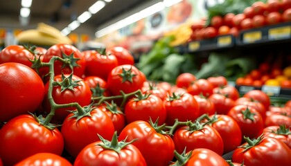Fresh red tomatoes on display in a supermarket.