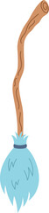 Witch flying broom. Cute blue old style broom with curved wooden broomstick. Halloween party decoration or magic theme. Vector illustration in flat style isolated on white background.