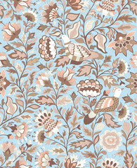 Floral with birds seamless background.Magical cottage garden tapestry