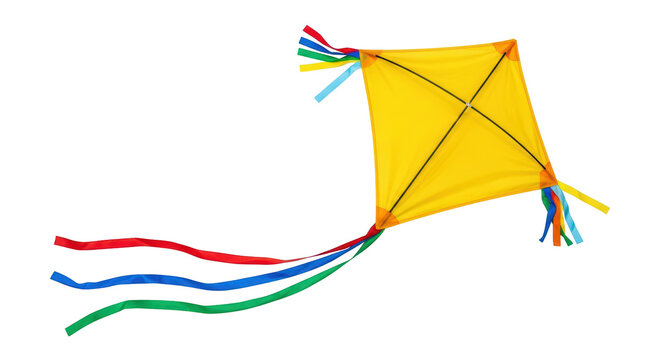 Isolated vibrant yellow kite with colorful tail and streamers floating in the air, fun