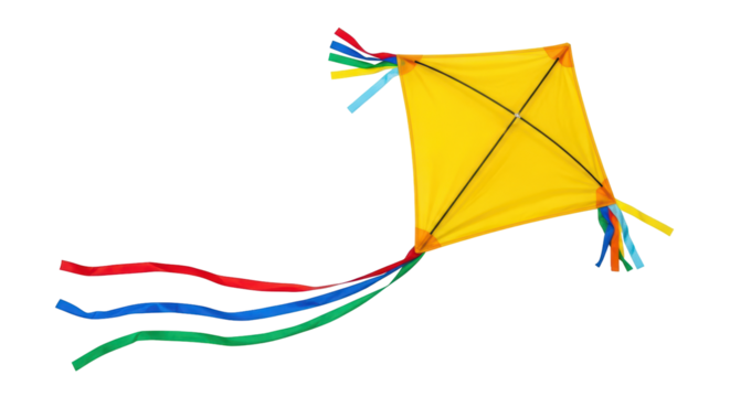 Isolated vibrant yellow kite with colorful tail and streamers floating in the air, fun