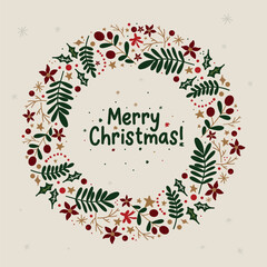 Christmas drawing, spruce branches, plants, Christmas trees. Holiday illustration. Holiday postcard with a wreath.