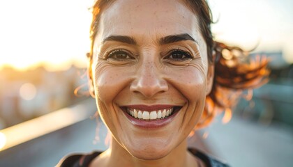 Close up of a smiling middle-aged woman with brown eyes, against a blurred background