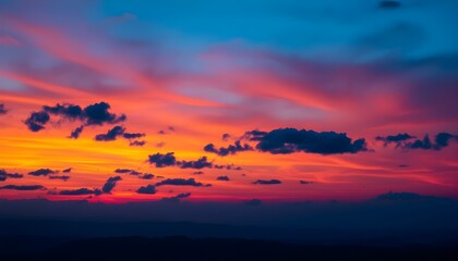 Fototapeta premium The sky after sunset with dramatic twilight colors of deep blue, purple, and fiery orange near the horizon, scattered clouds reflecting the fading sunlight.