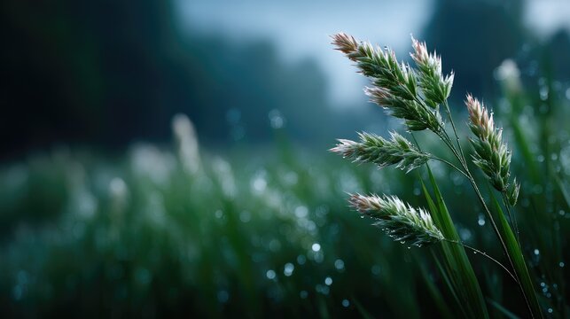 Cinematic Macro Shot of a Single Grass Blade with Water Droplets in Soft Light and Dark Green Background Detailed Closeup