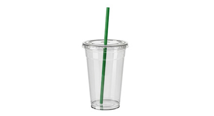 Isolated clear plastic cup with lid and green straw for cold beverage drink concept