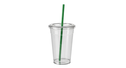 Isolated clear plastic cup with lid and green straw for cold beverage drink concept