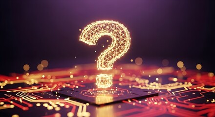 Golden Question Mark Ascends from Motherboard  Tech Mystery and Inquiry Illustration