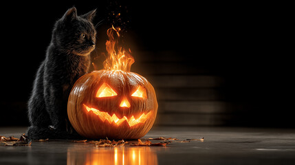 black cat sitting upright beside a flaming jack-o-lantern pumpkin on Halloween night