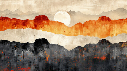 Layered mountain sunrise landscape, abstract art