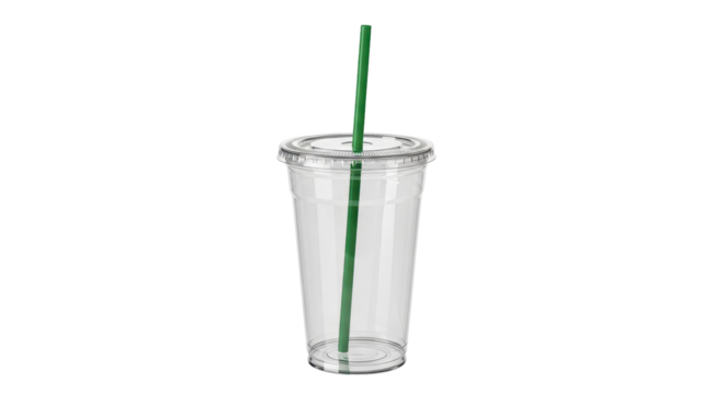 Isolated clear plastic cup with lid and green straw for cold beverage drink concept