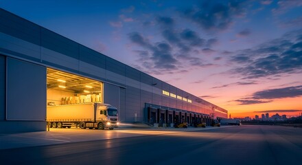 Sunrise at the Distribution Center Truck Loading at Warehouse Docks for Efficient Logistics