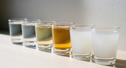 Tasting flight with a variety of liquids in glasses in a row