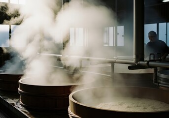 Steaming rice in wooden vats at a traditional Japanese sake brewery.