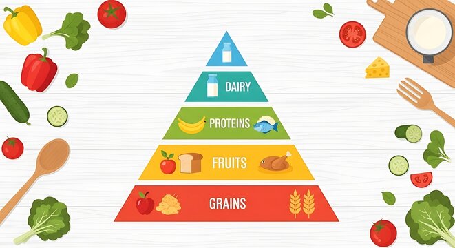 Food Pyramid Illustration with Grains, Fruits, Dairy, and Healthy Fats.