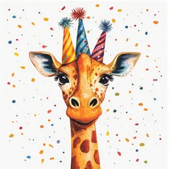 Funny cartoon party giraffe head isolated over white background. Colorful joyful greeting card for birthday or other festive events. Created with, Generative AI