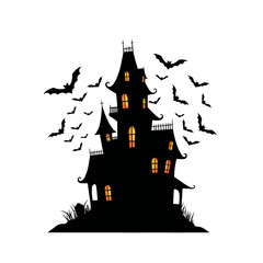 A spooky black silhouette of a haunted house with glowing windows, surrounded by a swarm of flying bats on a white background.