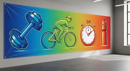 Colorful Gym Banner with Weights, Bike, and Stopwatch.