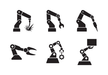 Bundle of industrial robotic arms in manufacturing tasks silhouette  