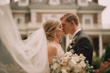 Photo of bride and groom kissing under a veil. Shot of newly married couple on the beach on their wedding day.