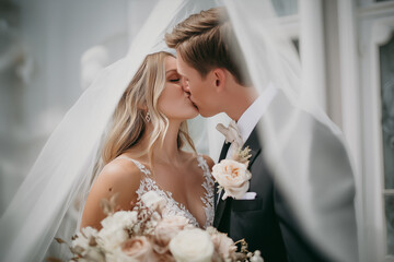 Photo of bride and groom kissing under a veil. Shot of newly married couple on the beach on their wedding day.