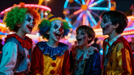 Naklejka premium Children in scary clown and zombie costumes at a carnival at night