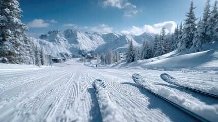 Cinematic Downhill Skiing Adventure on Pristine Snow Mountain Under Bright Blue Sky With Evergreen Trees and Snowy Peaks