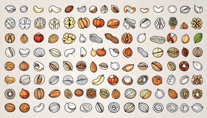 A diverse array of nuts and seeds, some halved, drawn with black outline and light coloring