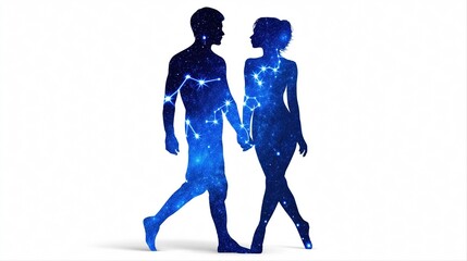 Silhouette of celestial couple holding hands in starry universe. Zodiac sign Gemini