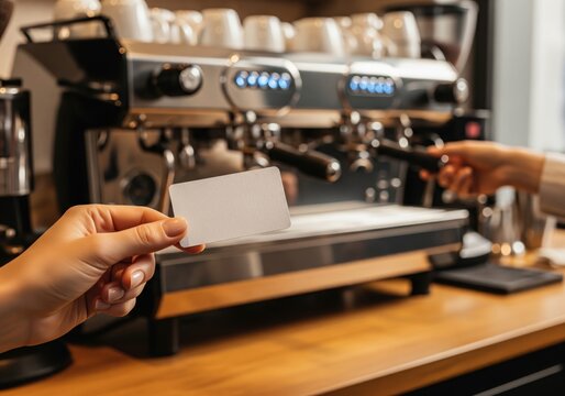 Hand holding blank business card at coffee shop counter mockup. - Powered by Adobe