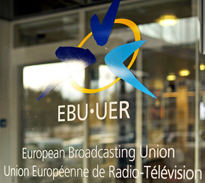 Geneva, Switzerland, Europe : Logo of European Broadcasting Union E.B.U. - alliance of public service media organizations in European Broadcasting Area, entrance to headquarters at L'Ancienne-Route 17