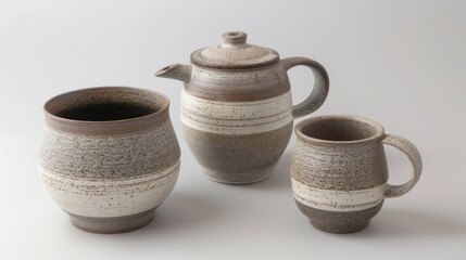 Morning Beverage Essentials: Hot Tea Teapots, Black Coffee Mugs, White China Saucers & Empty Clay Jugs