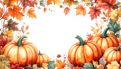 Naklejka premium Watercolor autumn frame with pumpkins, leaves, and branches on a white backdrop