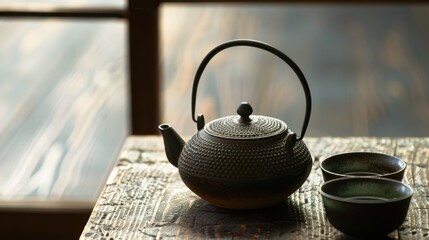 Morning Beverage Essentials: Hot Tea Teapots, Black Coffee Mugs, White China Saucers & Empty Clay Jugs