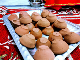 Clay Oil Lamps (Diyas) Arranged on Tray for Festival of diwali