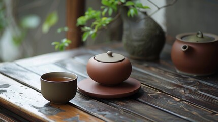 Morning Beverage Essentials: Hot Tea Teapots, Black Coffee Mugs, White China Saucers & Empty Clay Jugs