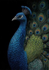 Detailed close-up of a peacock, showcasing intricate feather patterns and vibrant blue and green hues against a stark black background.