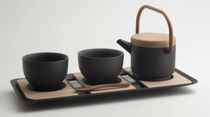 Morning Beverage Essentials: Hot Tea Teapots, Black Coffee Mugs, White China Saucers & Empty Clay Jugs