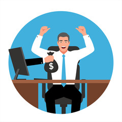 Satisfied Businessman Celebrating Success with Money Bag Received from Computer Screen, Business Growth