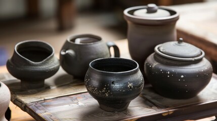 Morning Beverage Essentials: Hot Tea Teapots, Black Coffee Mugs, White China Saucers & Empty Clay Jugs